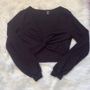 Black Long Sleeve Twist Front Top